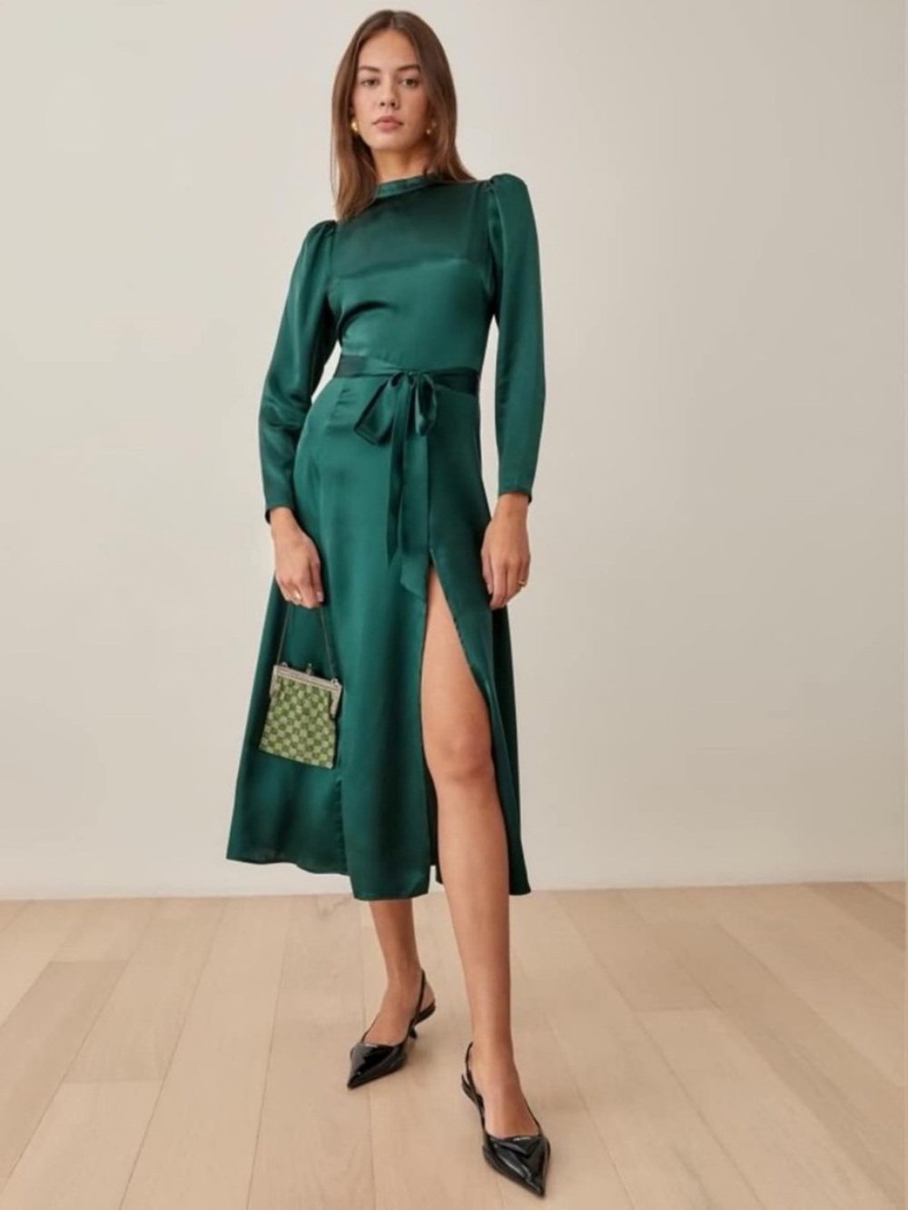 Reformation Julius Silk Dress in Forest - Picture 2 of 6